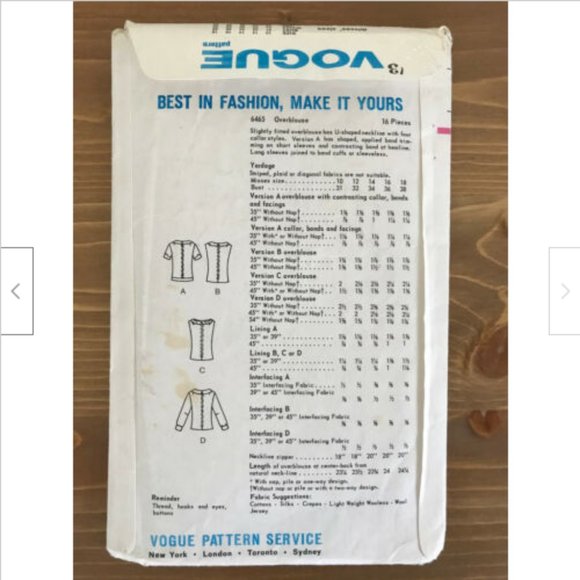 Vtg Vogue Sewing Pattern #6465 Ladies Collared U Neck Blouse 4 Styles Bust 36 - Picture 3 of 3